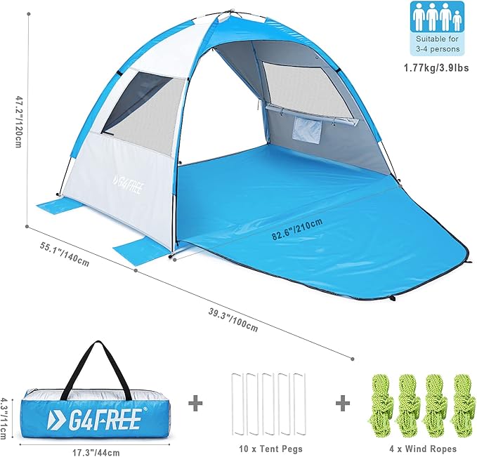 G4Free Portable Beach Tent 2-3 Persons Sun Shade Shelter UPF 50+ Sport Umbrella Canopy with Extendable Floor Foldable Lightweight