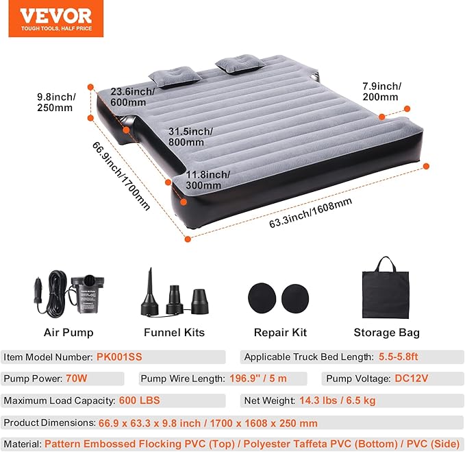 VEVOR Truck Bed Air Mattress for 5.5-5.8 ft Full Size Short Truck Beds Inflatable Air Mattress Bed with 12V Air Pump 2 Pillows Carry Bag for Silverado RAM F Series Sierra Titan Tundra
