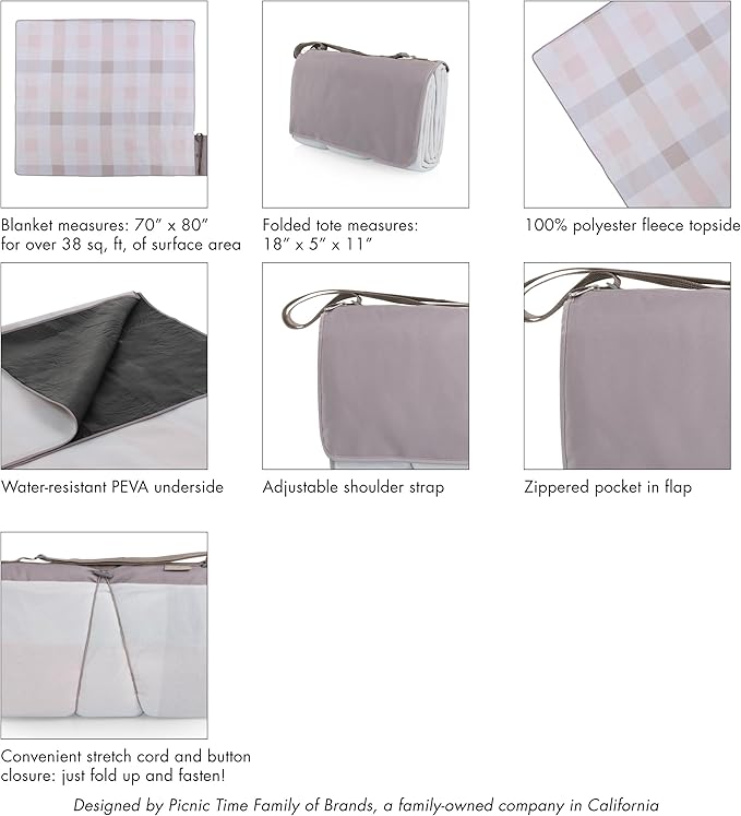 Picnic TIME Blanket Tote XL Outdoor Picnic Blanket 70x80 Foldable Beach Mat with Soft Fleece Top Water-Resistant Backing Carry Strap &amp Pocket Portable Blanket for 4-5 People (Pastel Plaid)