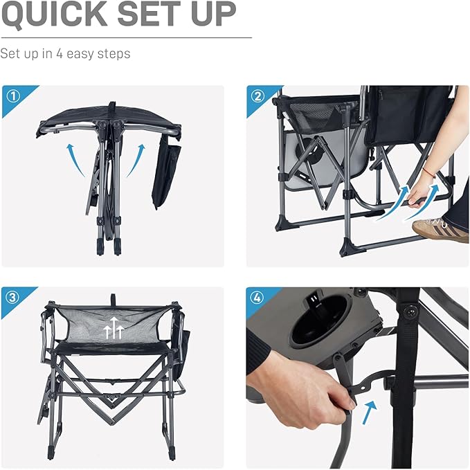 EVER ADVANCED Camping Directors' Chair with Side Table Portable Folding with Compact Size Breathable &amp Quick Dry Design Heavy Duty Lawn Chair with Pocket 400lbs Textilene Mesh Black