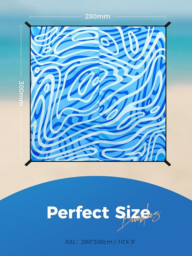 Diveblues Beach Blanket Oversized Extra Large 110 * 118/ 9 * 10 FtBeach Mat Waterproof SandproofSoft and Durable Picnic Mat for Travel Camping Beach Vacation4 Stakes &amp 1 Travel Bag