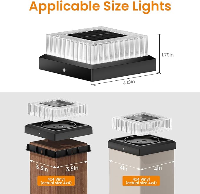 APONUO Solar Post Cap Lights 8-Pack Fence Post Solar Lights with 20 Lumens 3-Sided Panoramic Glow IP65 Waterproof Fence Deck Patio Garden Decor Easy No-Tool Install for 4x4 Posts Black