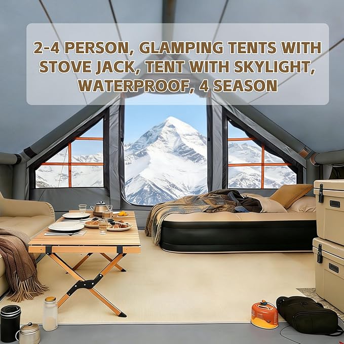 Inflatable Tents with Hand Pump Hot Tent with Stove Jack Easy Blow Up Glamping Tent with Mesh Windows 4-6 Person Instant Family Camping Tents Waterproof for 4 Seasons