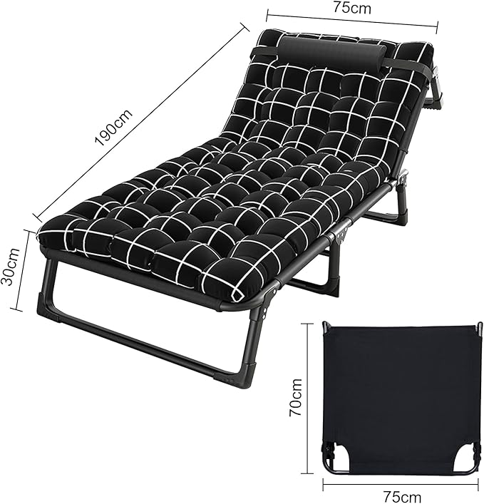 Camping Cots for Adults Adjustable 4-Position Reclining Folding Chaise with Pillow Load Capacity 200kg Outdoor Lounge Chair Sleeping Cot Bed for Office Pool Beach Patio 75cm