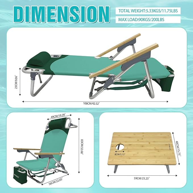 Folding Backpack Beach Chair 2 Pack for Adults &amp Teens Aluminum 5-Position Lay Flat Lounge Chair with Camping Bamboo Table 200LBS Beach Reclining Chair Outdoor with Cooler Bag Green