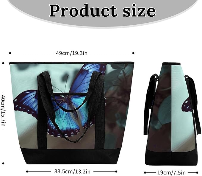 Insulated Shopping BagLarge Reusable Cooler Bags Blue Butterfly Printed Foldable Shopping BagTravel Waterproof Shoulder Bag