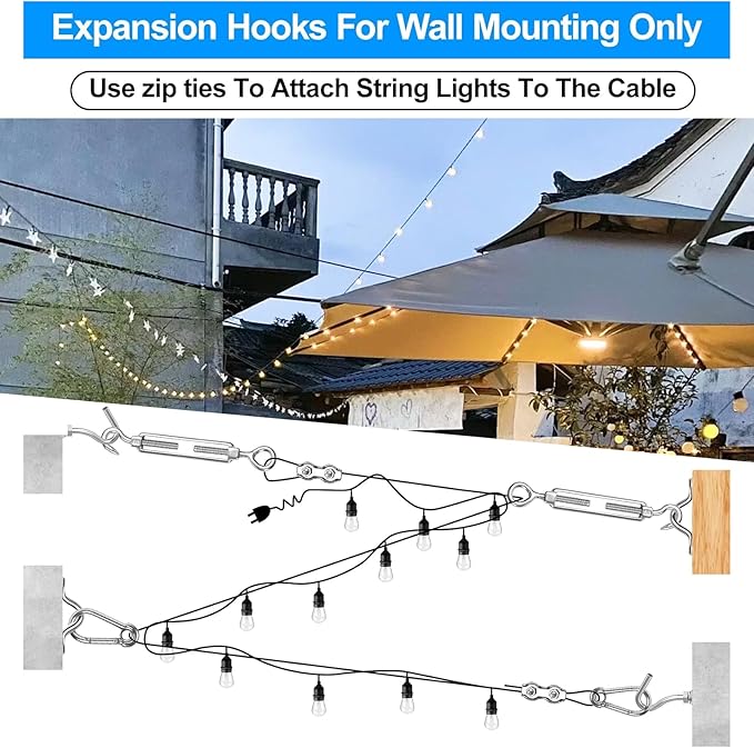 Upgraded Outdoor String Light Hanging Kit 350ft Globe String Light Suspension Kit w/Expansion Hook Stainless Steel 304 String Light Guide Wire Black Guy Wire kit for Wedding Dinner Barbecue