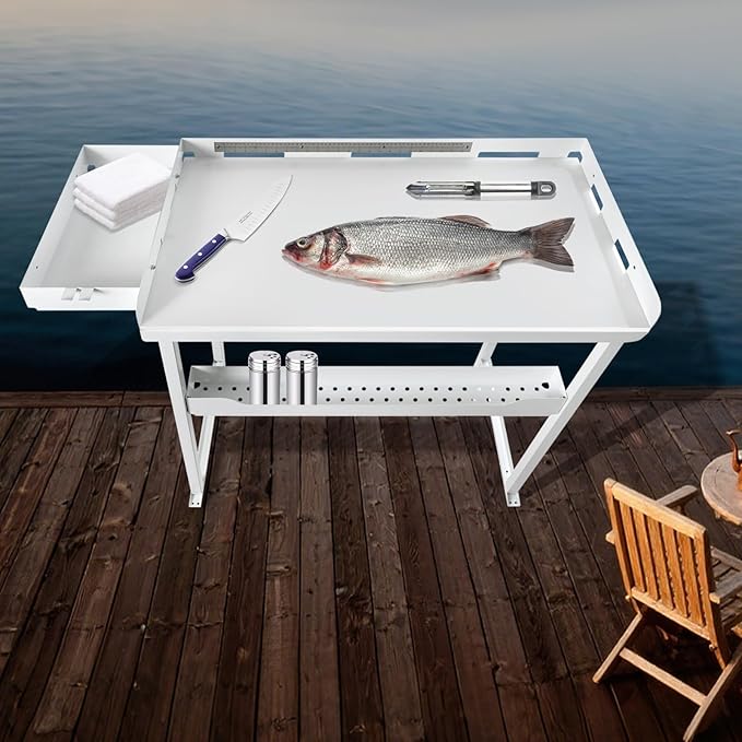 Professional Heavy-Duty Dock-Mounted Fish Fillet Table Corrosion-Resistant Ergonomic Dock Cleaning Station with HDPE Cutting Board &amp Tool Storage
