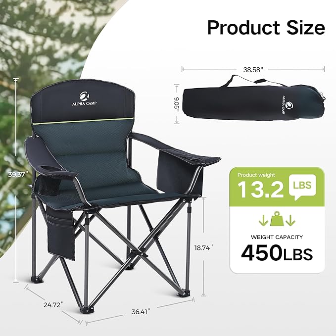 GREEN PARTY Folding Camping Chair Oversized Heavy Duty Lawn Chair with Cooler Bag Cup Holder Storage Pocket Collapsible Padded Outdoor Arm Chair Quad Lumbar