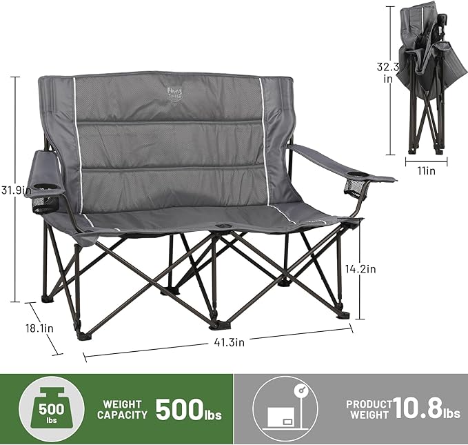 TIMBER RIDGE 2 Person Folding Loveseat Comfortable Double Foldable Camping Chair Folding Lawn chairs for Outside Grey