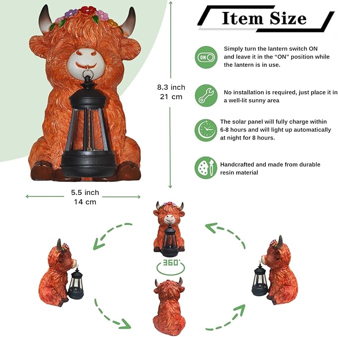 Garden Statues Highland Cow with Solar Lantern Outdoor Highland Cow Figurines Decorations for Patio Yard Lawn Ornaments Gifts for Mom/Grandma Birthday Housewarming