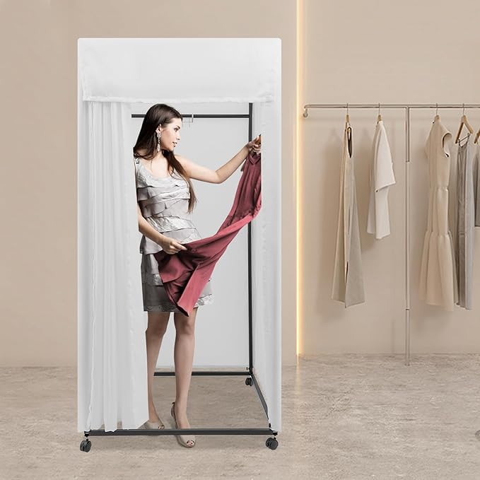 Clothing Store Fitting Room 39×39×78 inch Clothing Store Fitting Room with Shading Curtain Portable Temporary Mobile 95% Privacy Protection Dressing Room with Castors &amp Hanger (White)