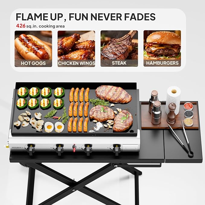 ROVSUN 4 Burner Foldable Propane Griddle with Wheels &amp Enameled Tray 40000 BTU Portable Flat Top Gas Grill with Electronic Ignition &amp Regulator for Outdoor Cooking Camping BBQ Tailgating Picn
