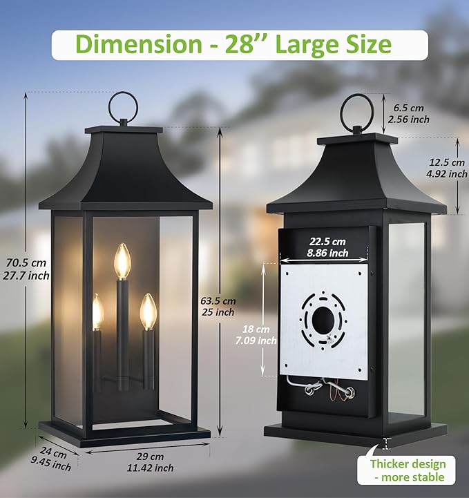 tewei 28'' Large Outdoor Wall Light Porch Light Outdoor Wall Sconce Lantern 3-Light Black Exterior Lighting Fixture Wall Mount Outside Light for House Garage 1-Pack