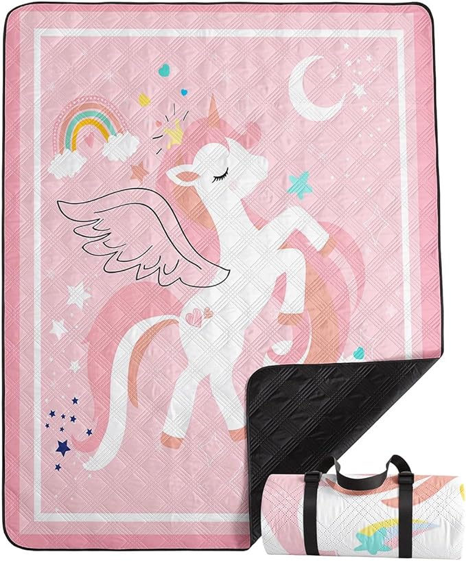 Outdoor Picnic BlanketPortable Sandproof Waterproof Picnic MatPink Unicorns Printed Camping Beach Mat for Sand and Wet Grass Hiking (Pink Unicorns S)