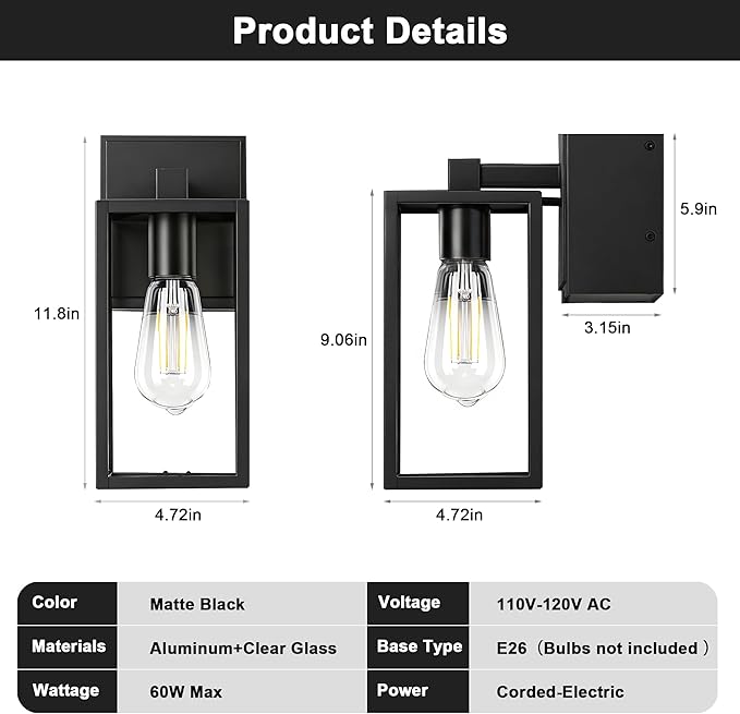 WIHTU Outdoor Wall Light Fixtures with GFCI Outlet 2-Pack Waterproof Porch Lights Alunmium Exterior Lighting Fixture Modern Outside Light Wall Mount for House Patio Front Door Garage Entryway Garden