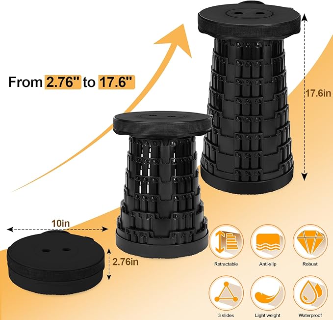 Collapsible Stool - Upgraded with 3 Slides Load Capacity 600lbs Folding Camping Stool with 3-in-1 Carry Bag Lightweight Sturdy Retractable Suitable for Camping Fishing Hiking BBQ (Black)