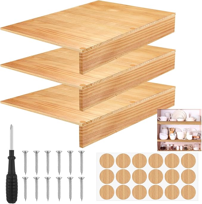 Hoolerry 3 Sets Wire Shelf Covers Wood Wire Rack Covers for Shelving Pantry Closet Removable Closet with 18 Grain Stickers for Pantry Home and Kitchen Organization (36 x 16 InchWood Color)