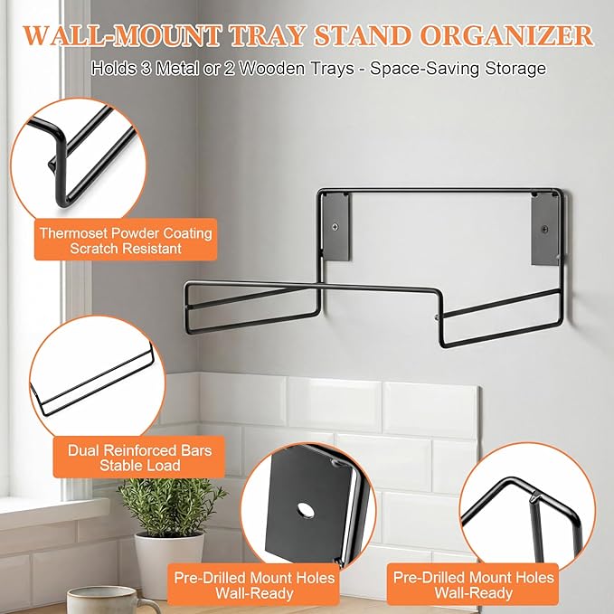 LEIFIDE Tray Stand Holder Wall Mount Heavy Duty Black Steel Plate Rack Shelf Large for Restaurant Kitchen Bar Service Areas Space Saving Storage Display Rack Pillow Organizer 10.25 x 9.25 Inches