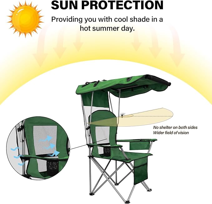 Beach Chair with Canopy Shade Folding Camping Chair Support to 330LBS Outdoor Chair with Cup Holder &amp Cooler Bag for Travel Hiking