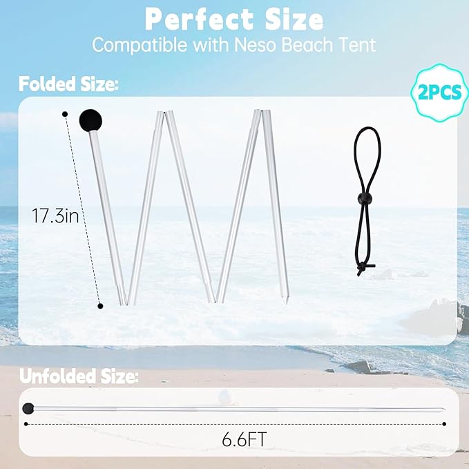 2 Pack Replacement Beach Tent Poles Compatible with Neso Portable Extra Poles for Beach Tent 6.56ft Pole Aluminum Canopy Foldable Pole Compatible with Neso Grande and Gigante Tents