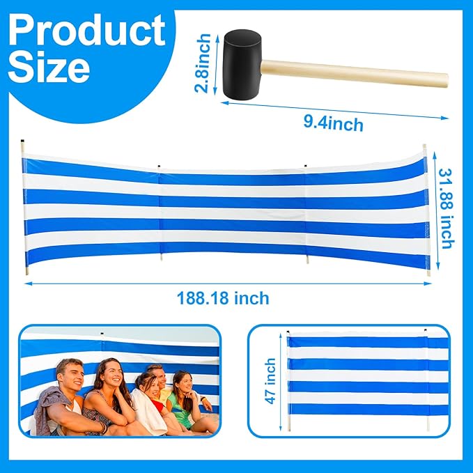 Beach Wind Screen 15.7ft Wind Blocker Beach Barrier Blue White Privacy Screen with Wooded Poles Mallet and Bag for Outdoor Summer Vacation