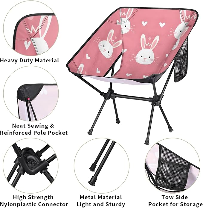 Folding Camping Chair Rabbits Love Heart Camping Chairs Lightweight Portable Chair Outdoor Foldable Chairs for Camping Travel Picnic Beach Hiking