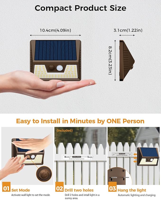 12 Pack Solar Fence Lights Waterproof Motion Sensor Deck Lights Outdoor Cold White LED Outside Lamp Wireless for Wall Yard Steps Stairs Garden - Brown
