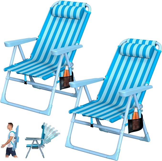 Suteck Backpack Beach Chairs for Adults 2 Pack 6-Position Folding Reclining Chair with Cooler Bag &amp Cup Holder Lightweight Portable Beach Chair for Camping Outdoor Sand Travel Use