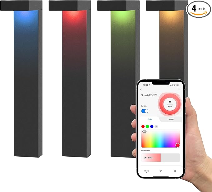 GKOLED 4 Pack Low Voltage Landscape Pathway Light Fixture 9-15V AC DC Outdoor Walkway Lighting with APP Control Color Changing Warm White for Yard Lawn Stake Die-cast Aluminum Housing