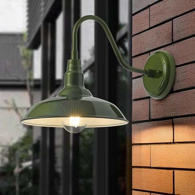 14 Inch Dome Outdoor Gooseneck Barn Lights Olive Green Farmhouse Exterior Wall Lights for Porch 2Pack Patio Barn Style Wall Mount Gooseneck Lighting for House Garage