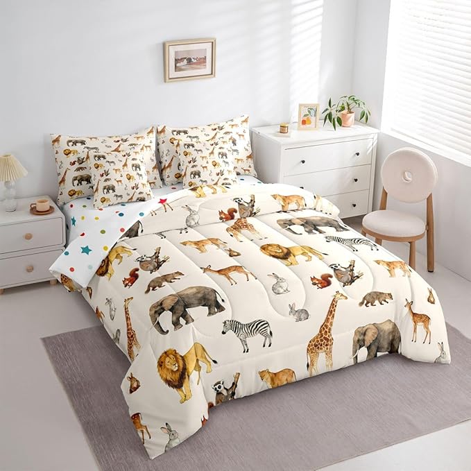Zoo Animal Comforter Set with SheetsPillowcases &amp Cushion Cover Cute Giraffe 7 Piece Bedding Set for Kids Boys Girls Teens Room Decor Cartoon Animal Bed in a Bag Full Size Wildlife Microfiber