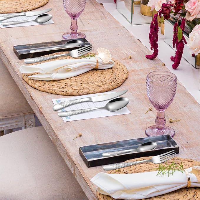 Modern Silverware Hammered 20 Piece Stainless Steel Flatware Set for 4 include Forks Spoons Kinves Kitchen Eating Utensils Mirror Polished Durable Festival Parties and Everyday Use