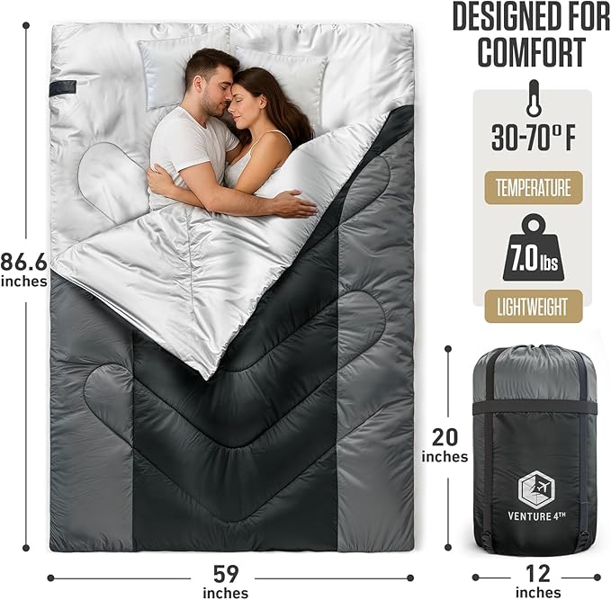 VENTURE 4TH Backpacking Sleeping Bag – XXL Double and Single Sizes - Lightweight Warm &amp Cold Weather Sleeping Bags for Adults Kids &amp Couples – Ideal for Hiking Camping &amp Outdoor Adventu