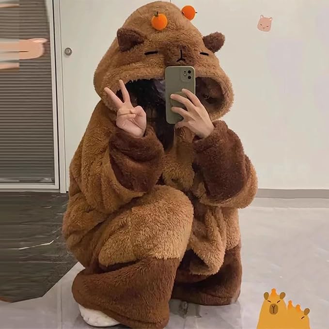 Warm one-piece blanket pajamas in autumn and winter cute shark capybara robe hooded coral velvet padded velvet home clothes.