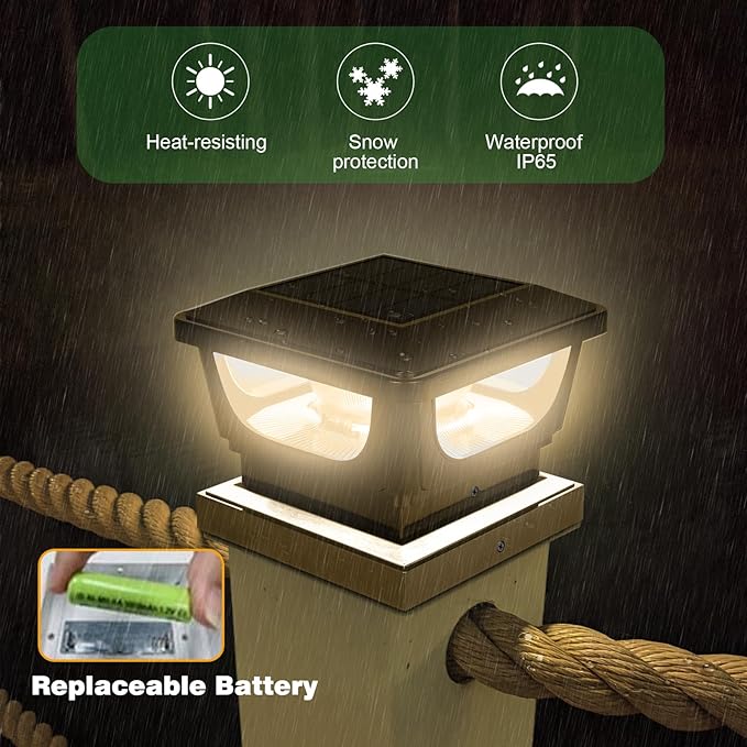 Sumaote Solar Post Cap Lights 120 Lumen 3000K Warm White LED for 3x3 Metal/Vinyl &amp 4x4 Wood Posts IP65 Waterproof Outdoor Garden Fence Deck Lighting Dusk-to-Dawn Auto On/Off (6 Pack)