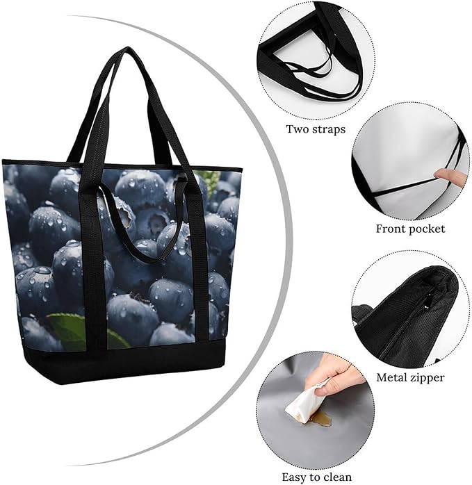 Insulated Shopping BagLarge Reusable Cooler Bags Delicious Blueberry Printed Foldable Shopping BagTravel Waterproof Shoulder Bag