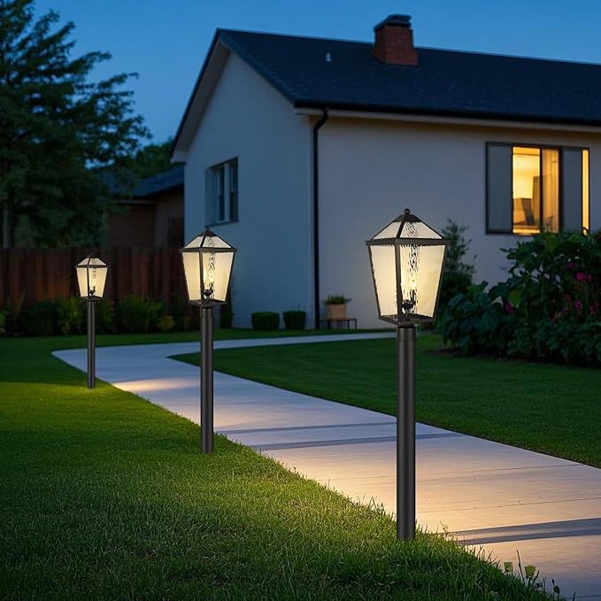 Treekee Outdoor Post Light Fixture Modern Black Pole Lantern with Water Ripple Glass &amp E12 Sockets Exterior Post Cap Lamp for Garden Pathway Courtyard Patio Porch Driveway Street
