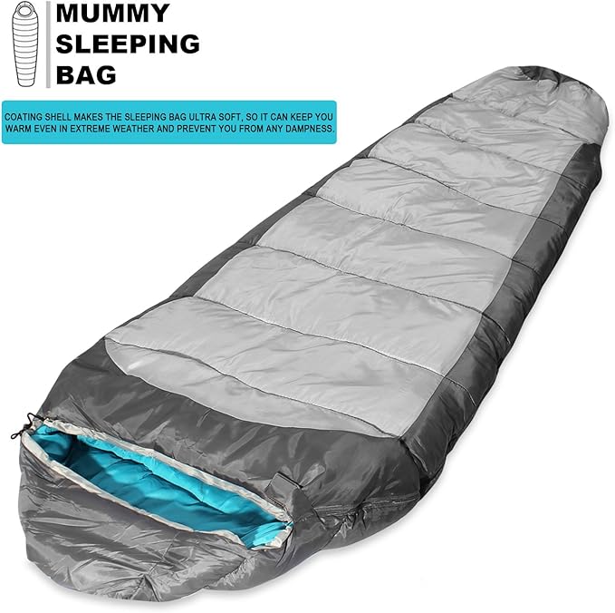KHOMO GEAR Sleeping Bag Mummy Style - 3 Season - Camping &amp Outdoors - Grey