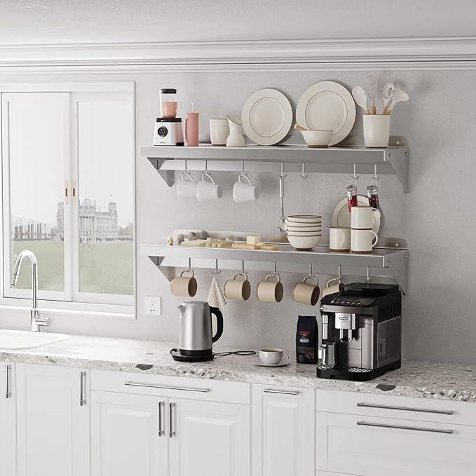 Floating Shelf with Backsplash12 x 48 Single Tube Wall Rack - Durable Stainless Steel Multi-Functional Design with 7 Hooks Space-Saving Solution for Kitchen Organization