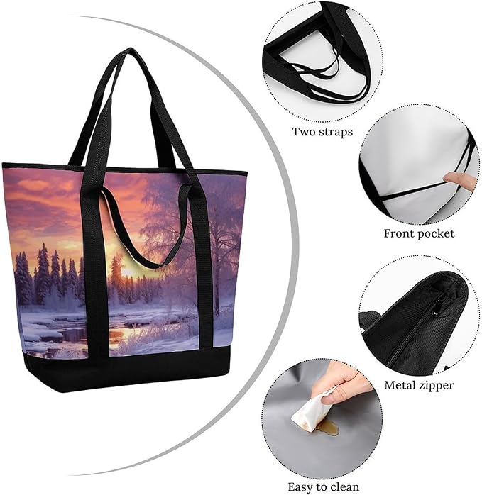Insulated Shopping BagLarge Reusable Cooler Bags Winter Landscape Printed Foldable Shopping BagTravel Waterproof Shoulder Bag