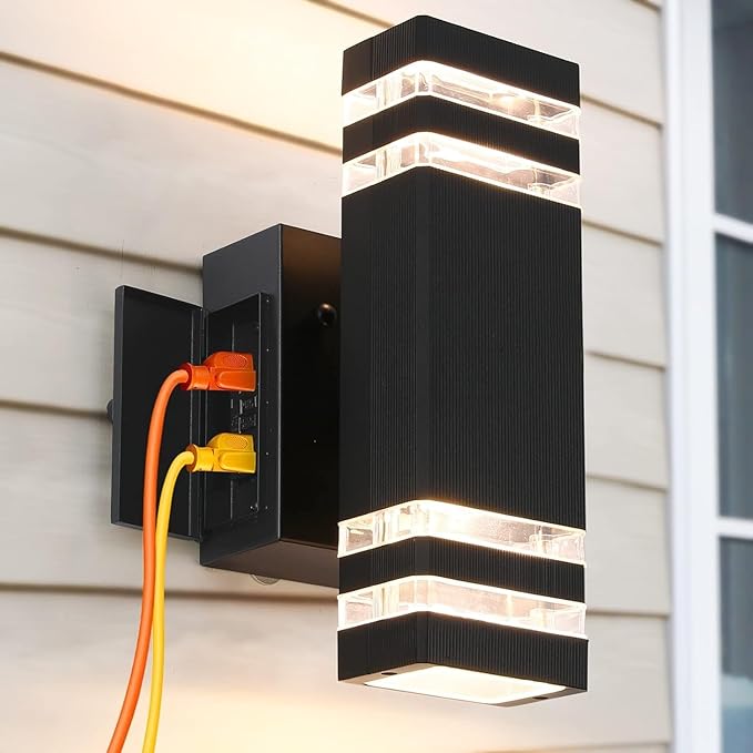 Outdoor Wall Light Built-in GFCI Outlet Black Exterior Lighting Fixture LED Up and Down Proch Lights Wall Mount Modern Outside Light for House
