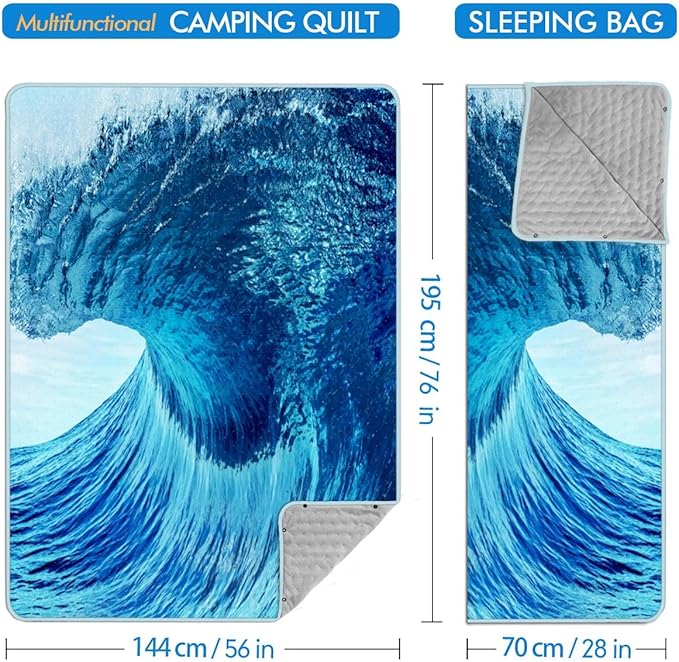 Outdoor Camping Quilt Warm Thick Blanket with Polar Fleece Packable Down Wearable Camp Blankets with Snap Buttons Soft Puffy Camping Quilt for Cold Weather (Waves 76'' x 56'')