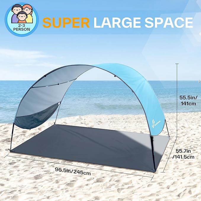 Sportneer Beach Tent Sun Shelter: UPF 50+ UV Protection Beach Canopy Tent Sun Shade for 2-3 Person Easy Set Up Canopy with 8 Wind Ropes and 12 Ground Stakes Size 96.5''x55.7''