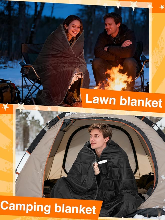 Aulock 55''W x 60''L Warm Outdoor Stadium Blanket Waterproof - Portable &amp Windproof Black Blanket with Sherpa Fleece Lining for Camping Winter Cold Weather