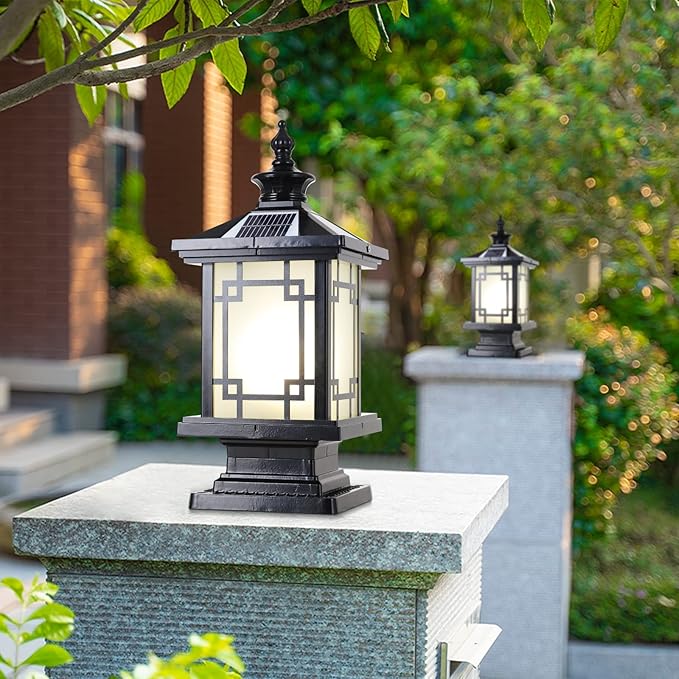 LED Solar Post Light Outdoor Aluminum Fence Post Cap Lamp Remote Control Dimmable Pillar Lights Solar IP65 Waterproof Column Light 15.7 X 7.3 Pillar Pedestal Lantern for Garden Yard