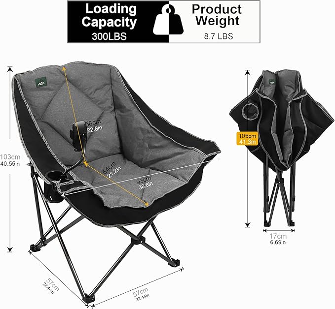 Northroad Oversized Foldable Camping Chair with Cell Phone HolderOutdoor Padded Lawn Chair w/Cup HolderCarry Bag for Beach Hiking and PicnicsHeavy-Duty 300-lbs Capacity Black