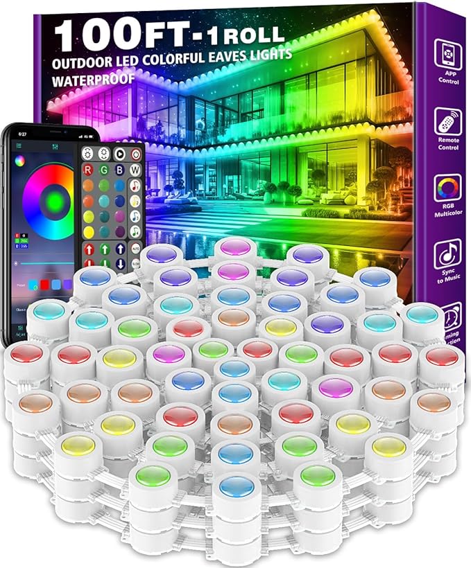 FBZ 100FT Permanent Outdoor RGB Lights - IP67 Waterproof with Smart App Control RemoteDIY Scene Modes Music SynchronizationEaves Lights for Garden DecorDeckChristmas