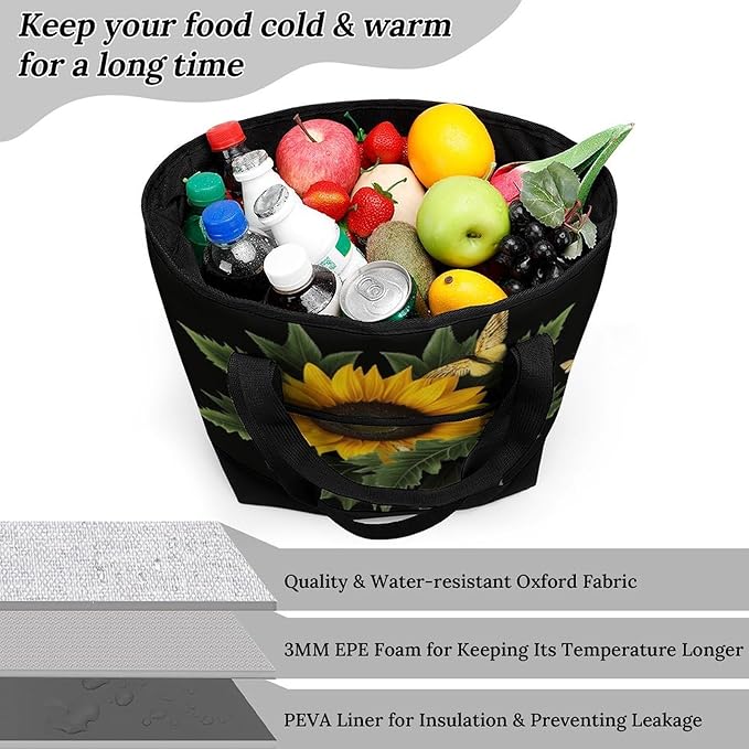 Insulated Shopping BagLarge Reusable Cooler Bags Weed with Sunflower Printed Foldable Shopping BagTravel Waterproof Shoulder Bag