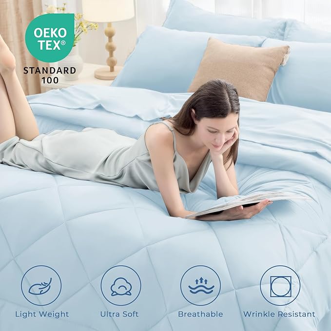 HEVUMYI Queen Comforter Set - 7-Piece All Season Bed in a Bag Queen Ultra Soft Bedding Set with Comforter Flat Sheet Fitted Sheet Pillowcases Pillow Shams Greyish Blue